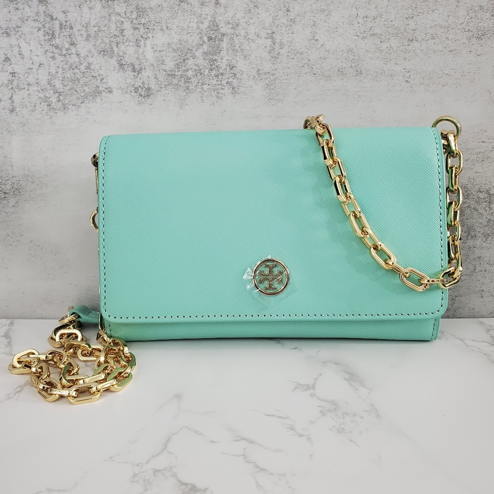 Gently Used Authentic Tory Burch Robinson Leather Wallet on Chain in Mint Green
